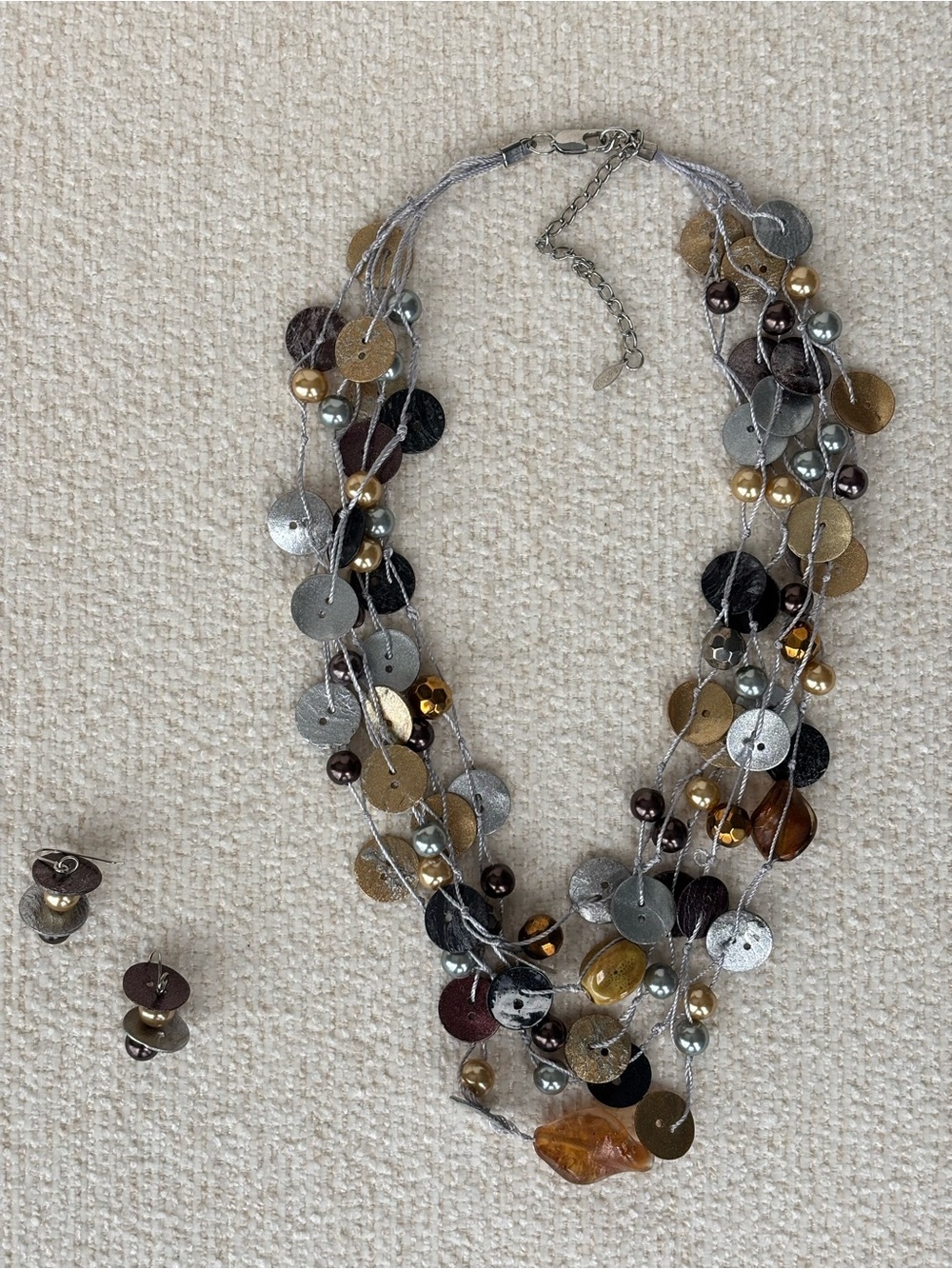 VTG EsMor 1980s Boho Multi-Strand Shell & Amber Glass Necklace & Earring Set